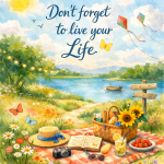 Watercolor summer scene with picnic by a lake and the quote “Don’t forget to live your life,” representing finding joy in everyday moments.