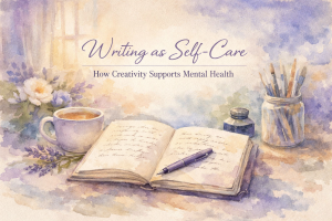 pastel image with a cup of tea, flowers, and an open journal with a pen on it. written in script are the words Writing for self-care: how creativity supports mental health