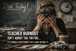 teacher burnout shows an exhausted stressed out teacher with her head in her hands