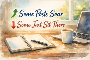 why some blog posts take off shows an open notebook and pen with a cup of coffee