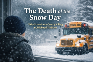 the death of the snow day - a child looks out a window at a snowy landscape with a school bus